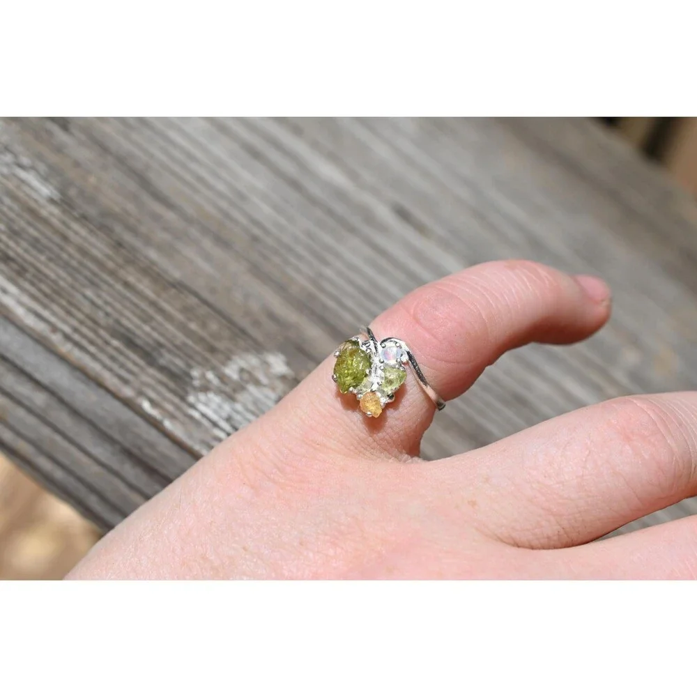 Engagement ring Peridot, Opal & Yellow Montana Sapphire Ring in Sterling Silver